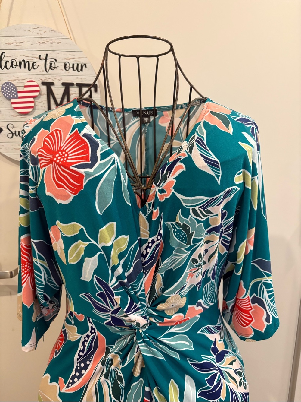 VENUS Teal Floral Knot-Waist Maxi Dress with Coral & Cream Blooms - Picture 3 of 10